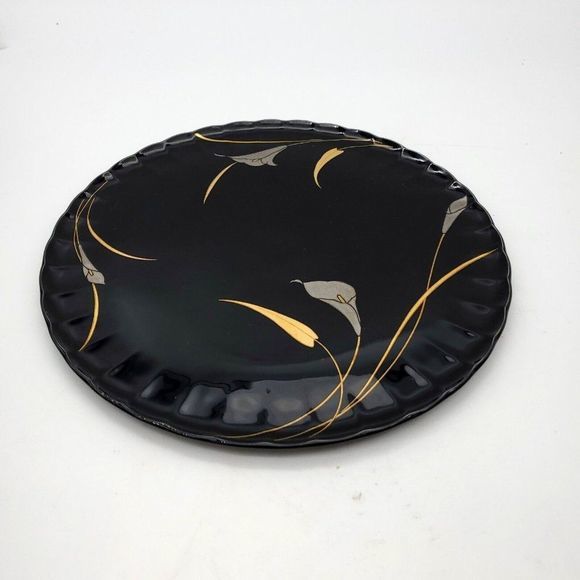 Mikasa Gold Leaves CAKE PLATE Black Glossy Serving Platter Silver Calla Lily VTG - Picture 2 of 8